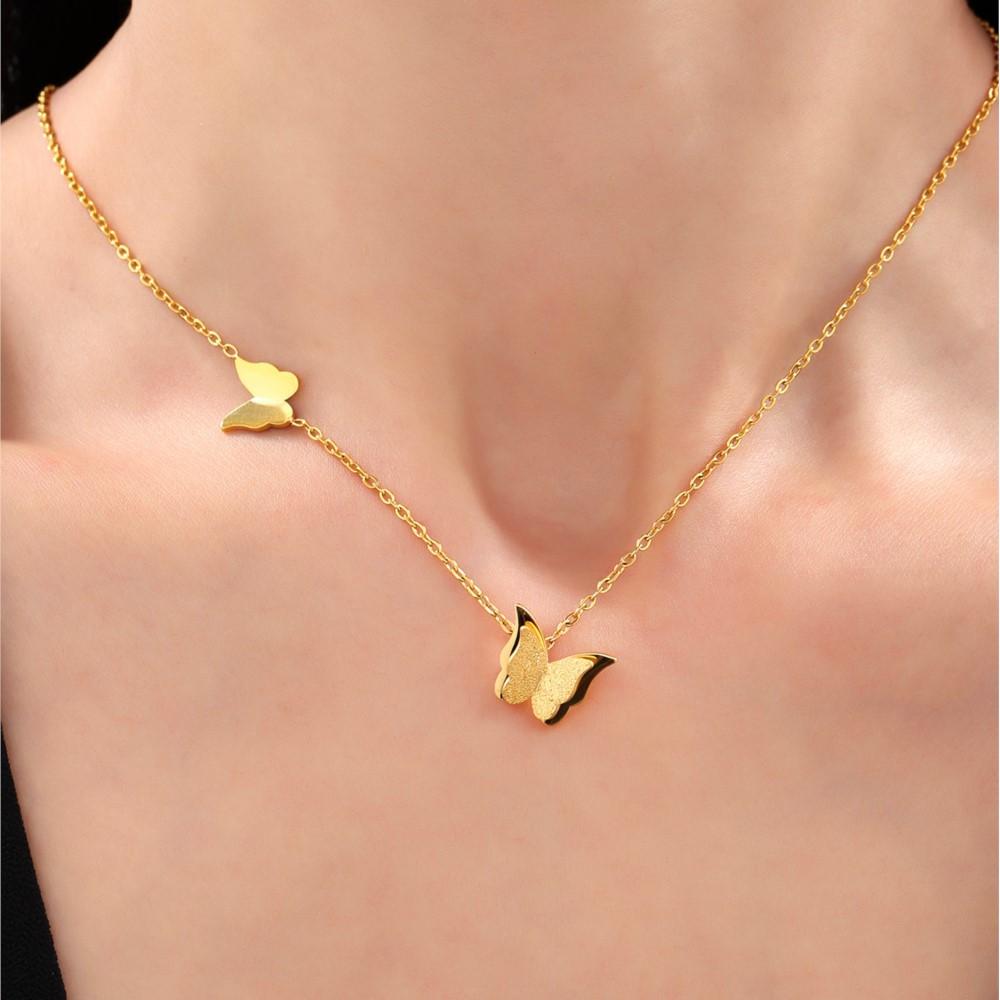 Butterfly Stud Earring Rings Necklace In 18k Gold Plated Stainless Steel Chain Necklaces Matching Ring Ear Studs For Women