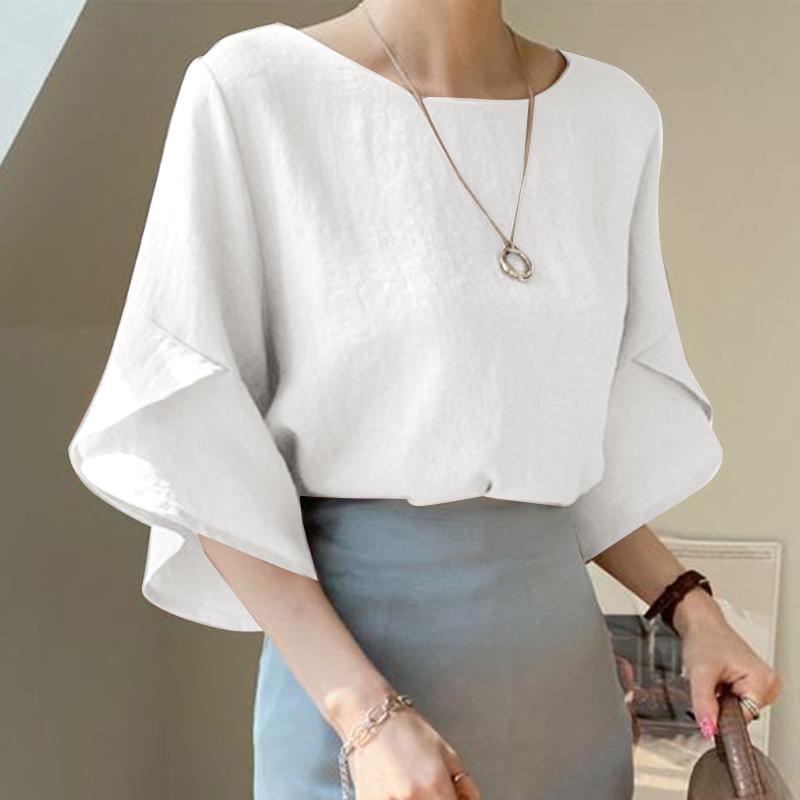 

ZANZEA Женская повседневная блузка с круглым вырезом, оборками и рукавами 3/4, свободного кроя M