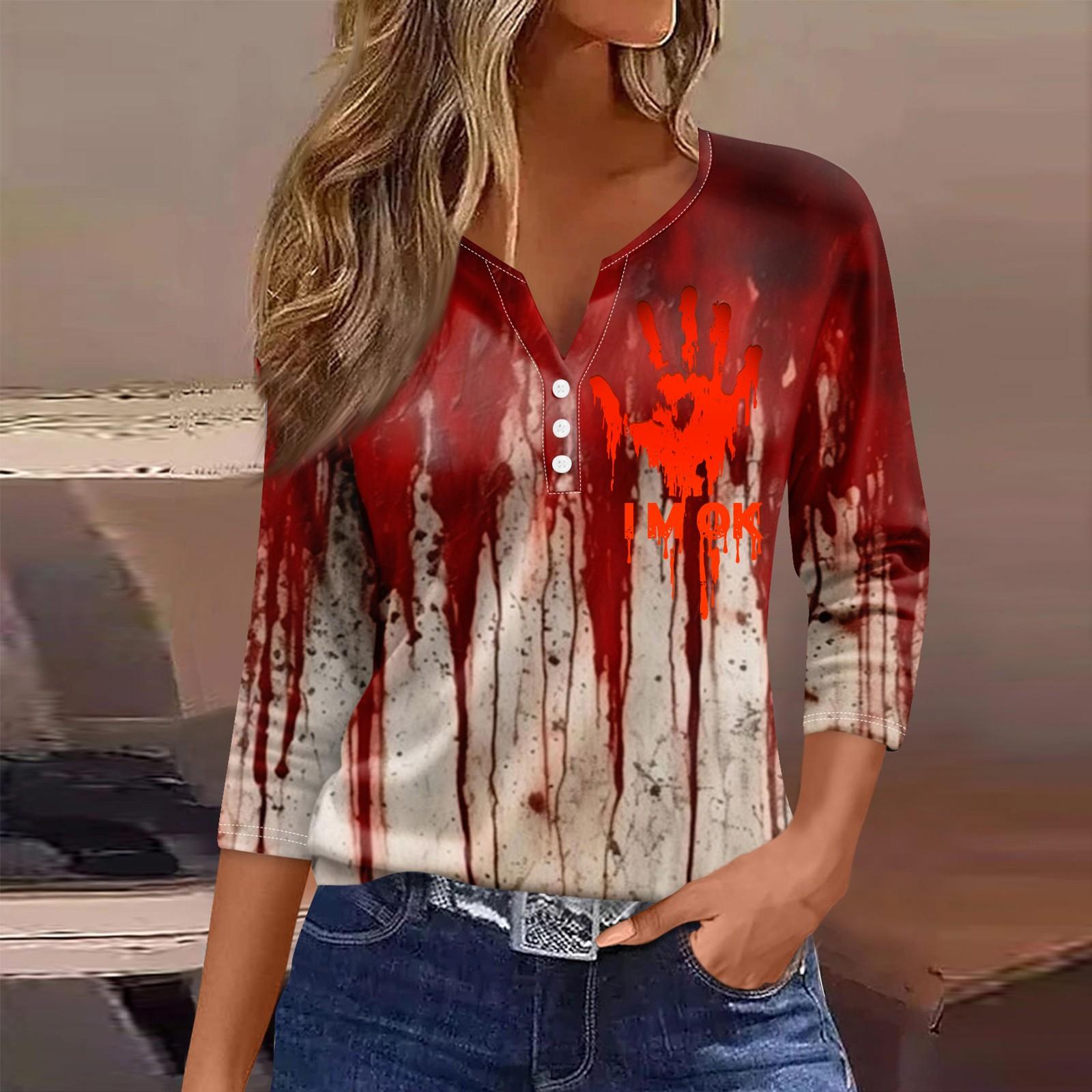 

Women s Fashion Casual Three-quarter Sleeve Halloween Letters Print Top S червоний