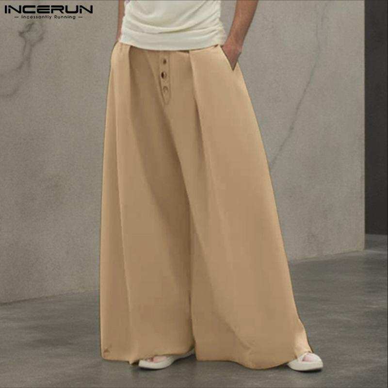 INCERUN Men Casual Elastic Waist Solid Wide Legs Pants Long Trousers with Pockets