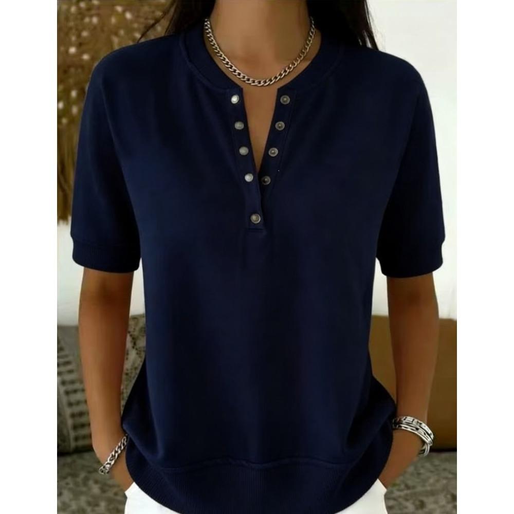 Women's Henley V Neck Partial Button Short Sleeve Solid Color Casual T Shirt Loose Daily Basic Blouse