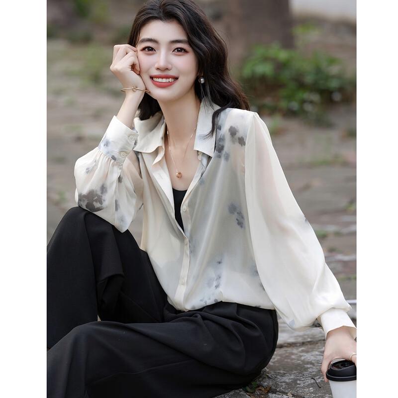 Women s Artistic Ink Wash Print Chiffon Shirt M