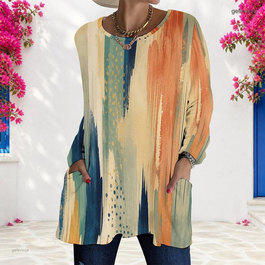 Women Plus Size Round Neck Long Sleeve Blue Printed Loose Longline T Shirt With Pockets