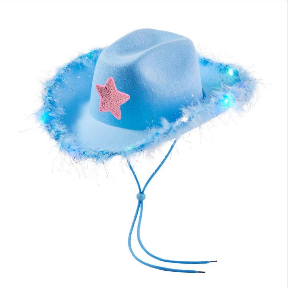 Light Up Cowgirl Hat Feather Edge Shiny LED Cowboy Hat Five Pointed Star Hats Performance Costume Cap Birthday Party Costumes