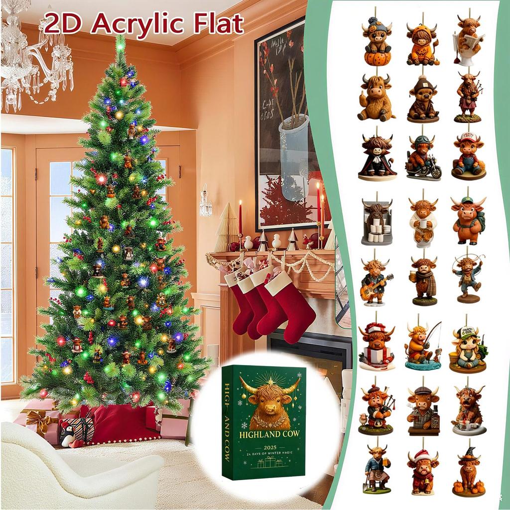 Highland Bull Advent Calendar 2D Acrylic Highland Bull Pendant Decoration for Christmas Tree Home Decoration Holiday Gift