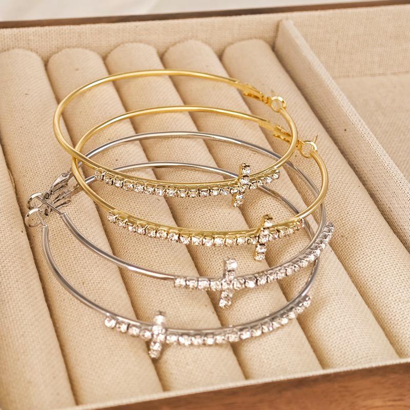 Gold-tone Diamond-Inlaid Hoop Earrings - Bold European and American Style for Women