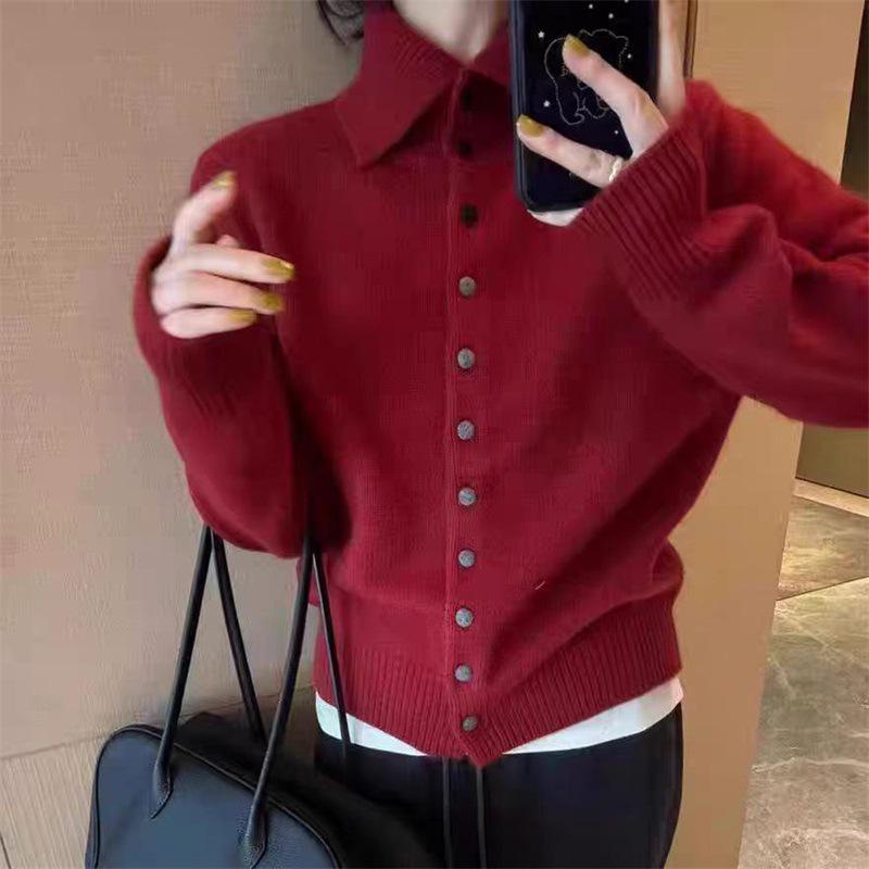 Women's Dark Grey Knit Wool Lapel Sweater - Autumn/Winter 2025 Collection