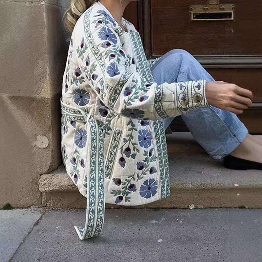 2024 European & American Women's Autumn/Winter Printed Tie-Waist Cotton Jacket