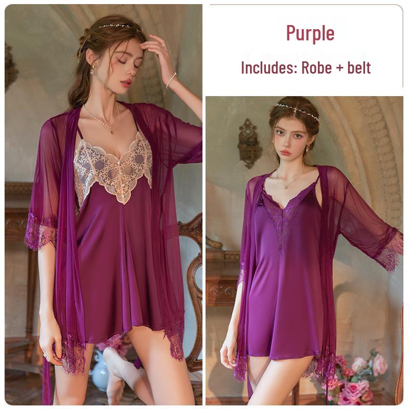 Elegante Lente/Zomer Kant Pyjama Set: Nachthemd met rugdecolleté & Vest