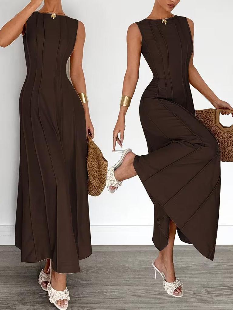 2026 Summer Women's Sleeveless Round Neck Pleated Long Dress - Elegant European and American Style