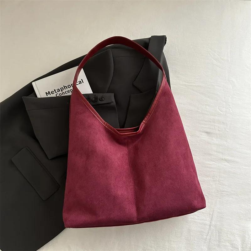Vintage Faux Suede Tote Bags for Women Large Capacity Shoulder Ladies Underarm Bag Casual Simple Commuter Female Handbags