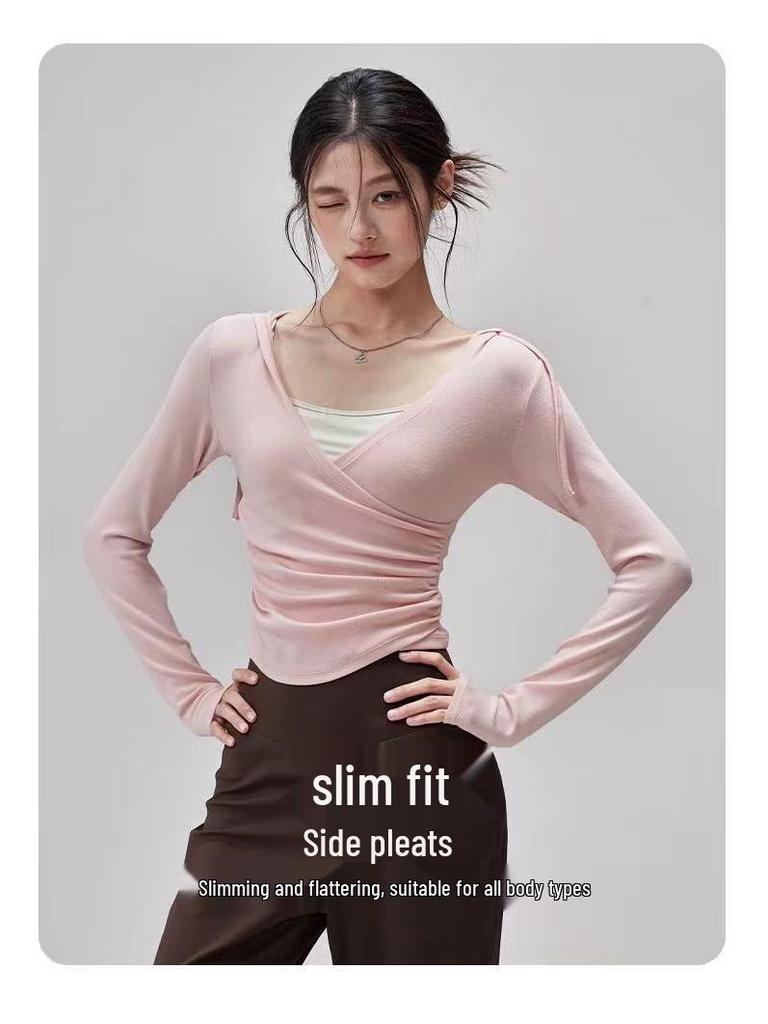 Women's Hooded Long Sleeve Yoga Top - Slimming, Breathable, Waist-Cinching Sports Cover-Up for Pilates Training, Autumn Comfort.