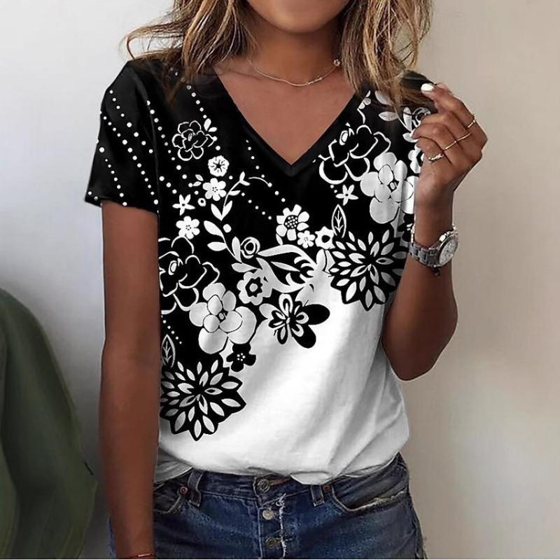 Fashion Trend Floral V-neck Short Sleeved Pullover Women's Shirt