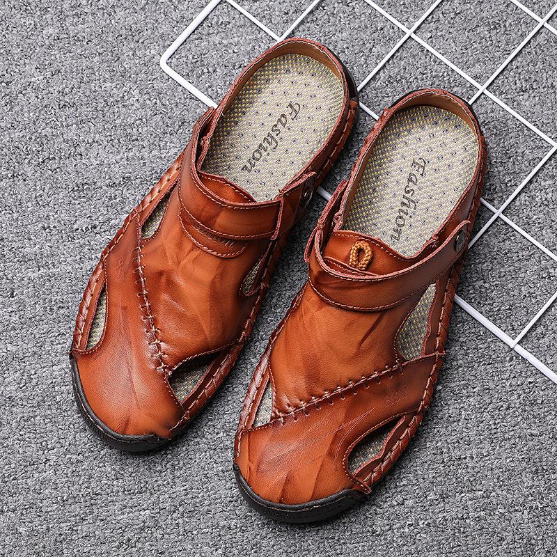Large Size Men Sandals Fashion Hand-sewn Leather Sandals Summer Casual Beach Shoes Outdoor Non Slip Flat Sandal Sandalias Hombre