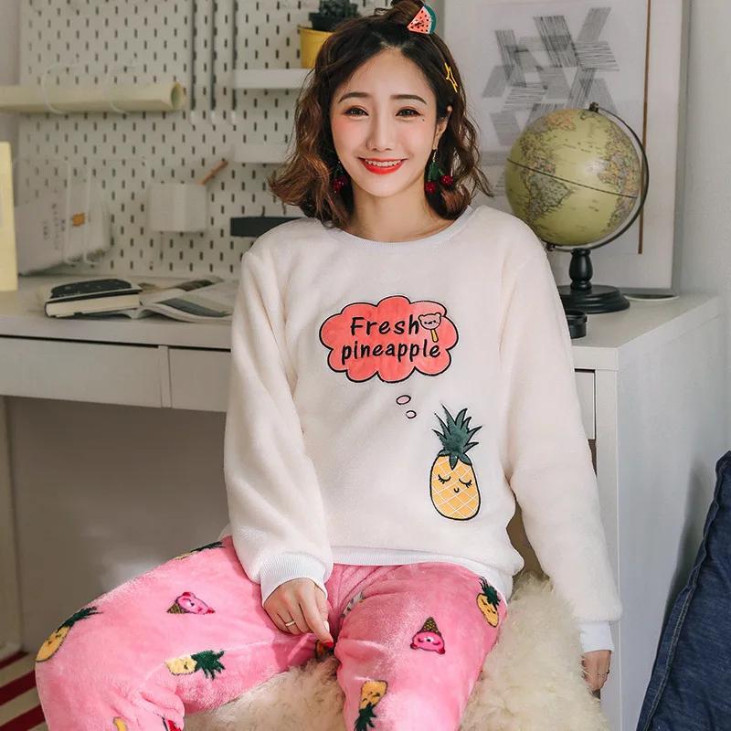 Thickened Warm Sleepwear for Winter Flannel O-Neck School Homewear Set Ladies Pajamas Long Sleeves Cartoon Cat Pineapple
