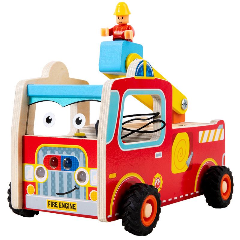 Children's Engineering Electronic Nut Fire Truck Wooden Toy