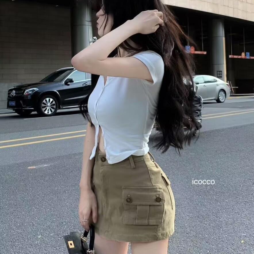 Pure Desire Khaki A-line Cargo Denim Skirt: Women's Summer Hip-hugging Style with Pockets