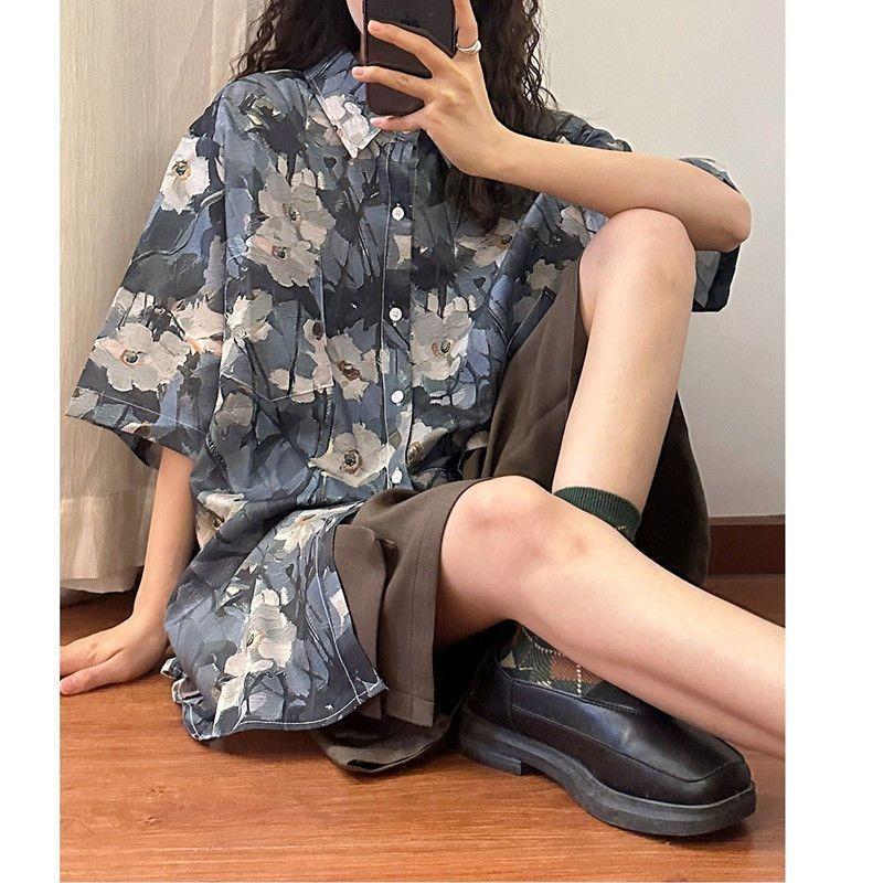 

Floral New Short Sleeved Shirt for Women Retro Loose Korean Chic Lapel Shirts Single Breasted Casual Summer Lady Clothing S