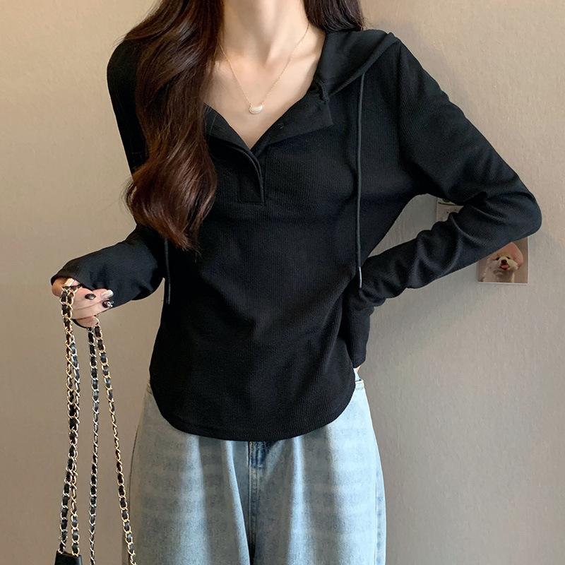 White Hooded Long-sleeved T-shirt for Women Spring and Autumn 2024 New Lazy Style Casual Slim Fit Bottoming Hoodie Top