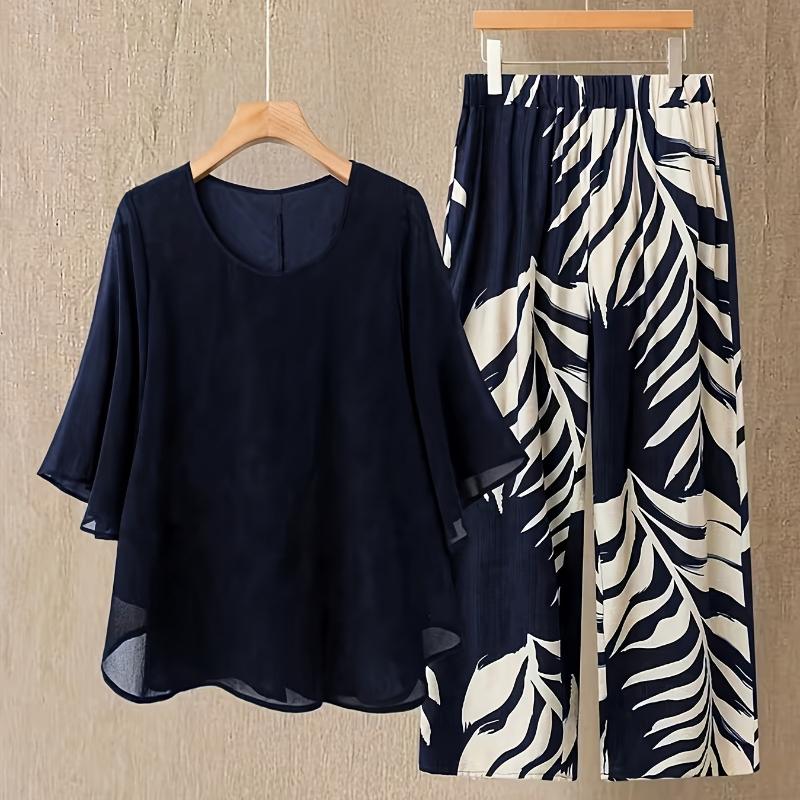 Summer New Arrival Women's Casual Outfit - Elegant Blouse and High Waist Pants 2pcs Set