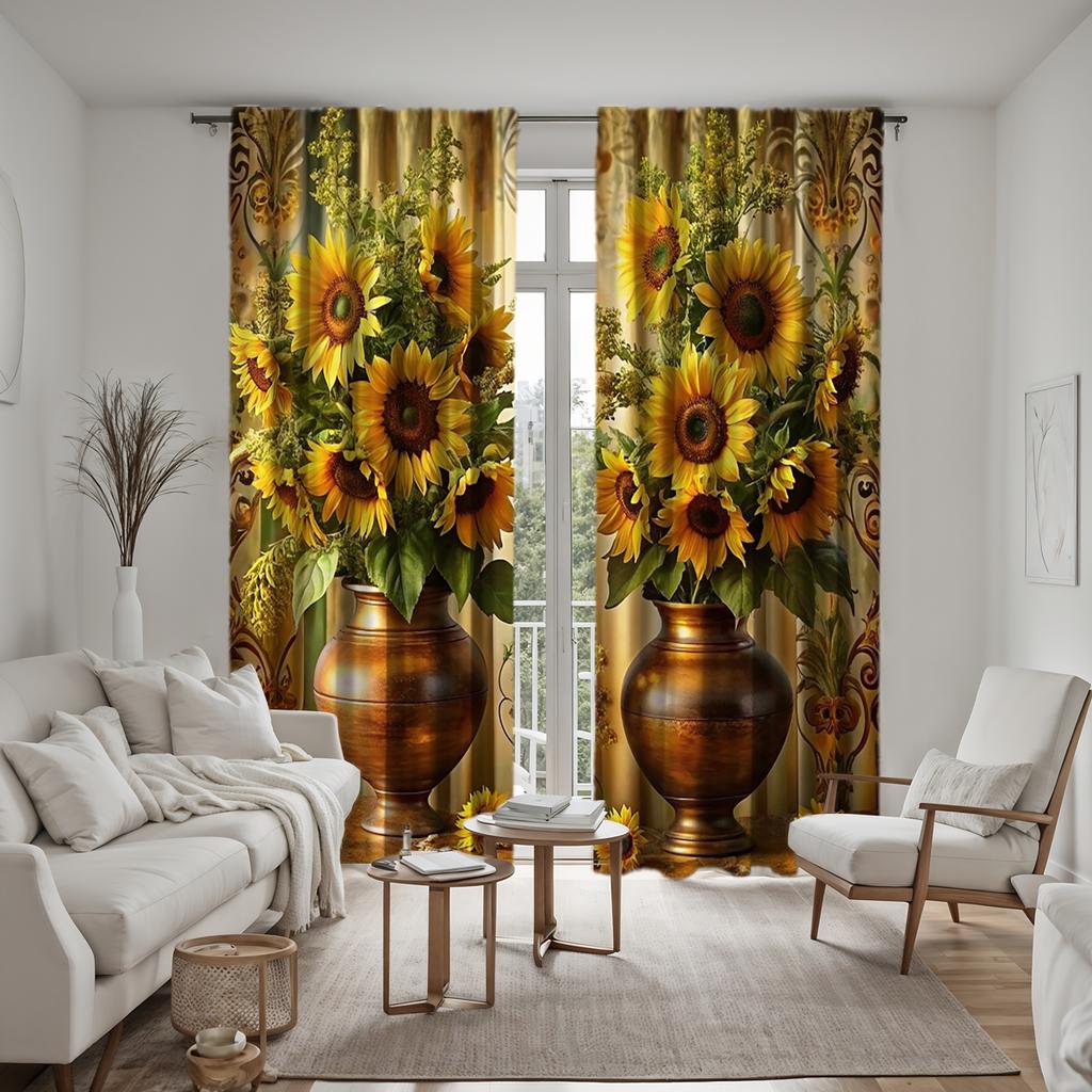 2pcs HD Digital Curtains Printed Yellow Tied Jar Sunflower Flower Home Decoration Style Decorate Living Room Bedroom Wear Rod