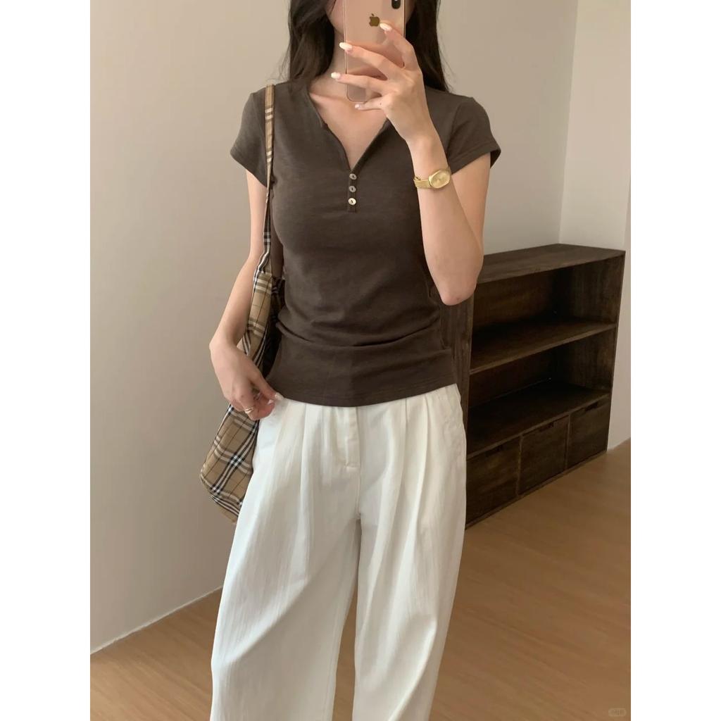 Minimalist Henry Neck Button Slim Fit T-Shirt Front Shoulder Short Sleeve Women's Summer Thin Breathable V-Neck Front Shoulder Bottom Top