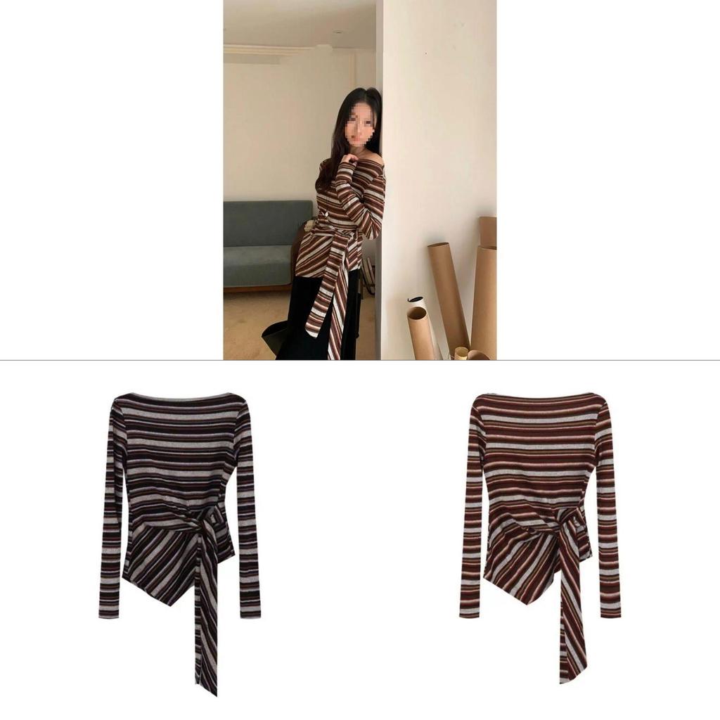Korean Style Striped T Shirt With Tie Details For Fall Winter Fashion