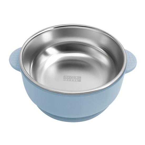 

Детская миска для кормления, двухслойная миска для риса из нержавеющей стали с присоской, суповая миска без бисфенола А, контейнеры для еды с двойной ручкой светло-синий