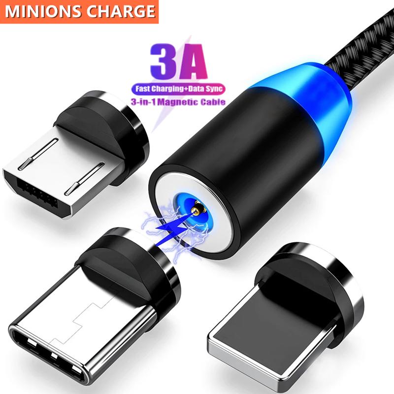 3A LED magnetinis USB kabelis Greitas iPhone įkrovimas C tipo kabelis Magnetinis įkroviklis duomenų įkrovimas Micro USB kabelis Mobiliojo telefono laidas USB laidas