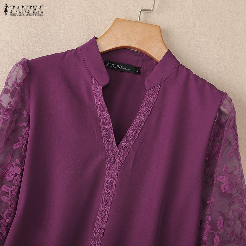 ZANZEA Damska Elegancka Koronkowa Wstawka Rękaw 3/4 Casualowa Bluzka z Dekoltem V