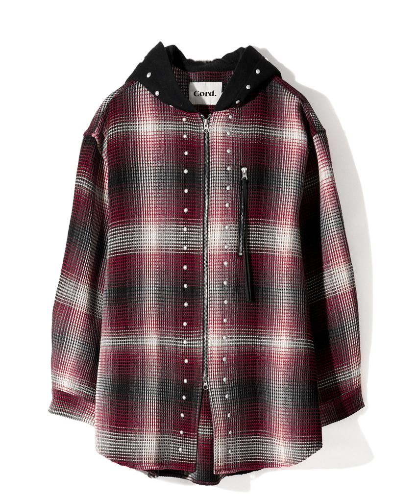 Kodeu Zipper Pocket Hooded Studded Shirt_Rd