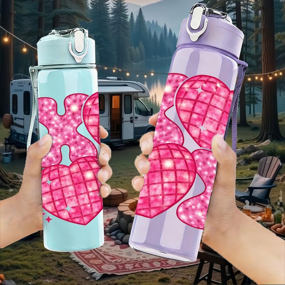 1PC Pink Leopard Glitter Texture Print 750ml Color Plastic Sports Water Bottle Leakproof Flip Straw Lid Suitable for Sports Office Home Use