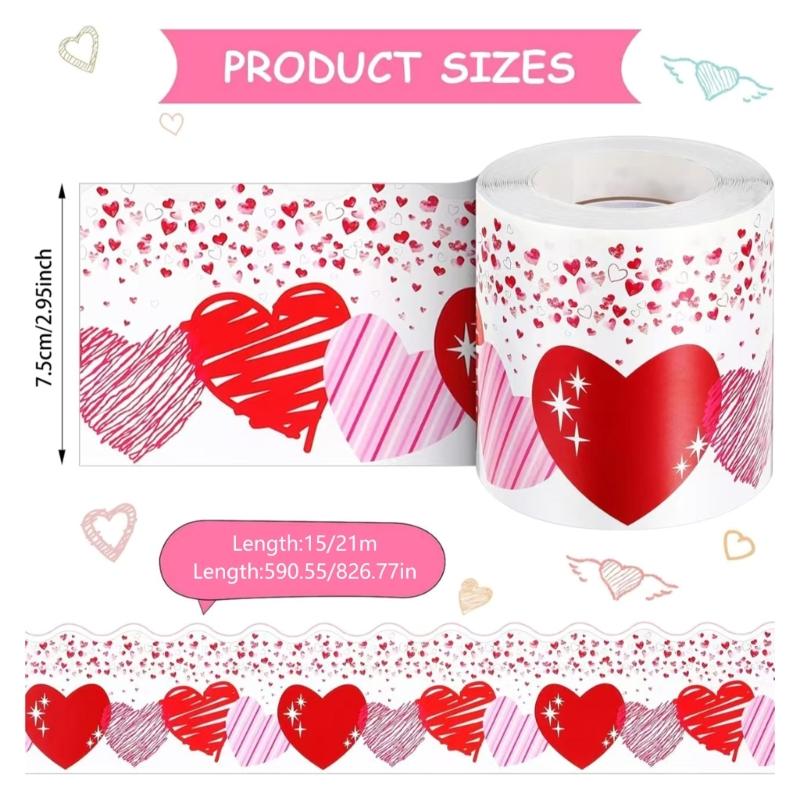 Valentines Day Themed Heart Decorative Border Sticker Roll for Bulletin Board Self-Adhesive Bulletin Trim Border Decors