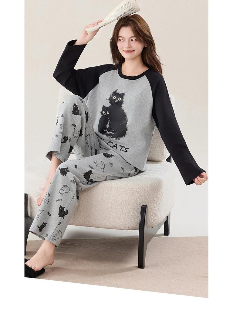 Women's Long Sleeve Cotton Pajama Set with Bra Pads - Sweet Cartoon, Plus Size, Antibacterial, Loose Fit