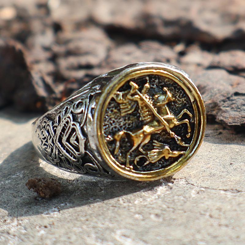 Huajie Мужские Кольца Воин Всадник Доминирующий Узор Древнее Серебро Классический Ретро Тренд 13
