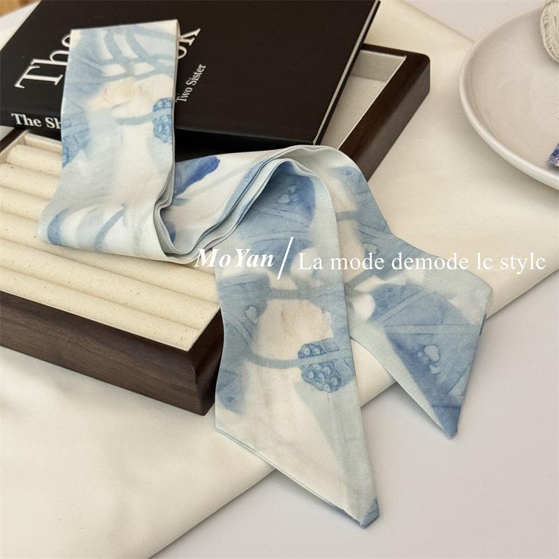 

Новый китайский стиль шелковый шарф чернила лист лотоса повязка на голову женский длинный шарф бант принт цветок головной платок аксессуары для волос