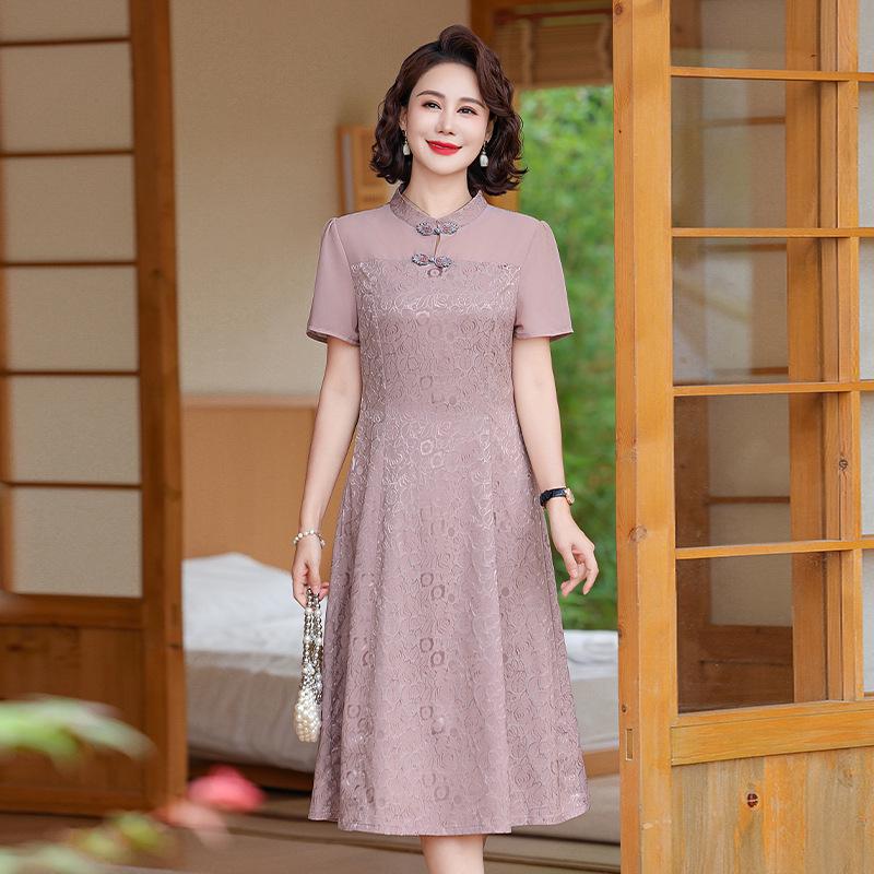 Rochie Qipao Elegantă de Vară cu Mânecă Scurtă, Șic, 2025, pentru Femei de Vârstă Mijlocie