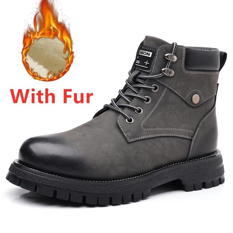 Fashion Classic Mens Leather High Top Shoes Fashion Outdoor Motorcycle Boots Lace Up Non-Slip Ankle Boots Winter Plush Snow Boots Botas