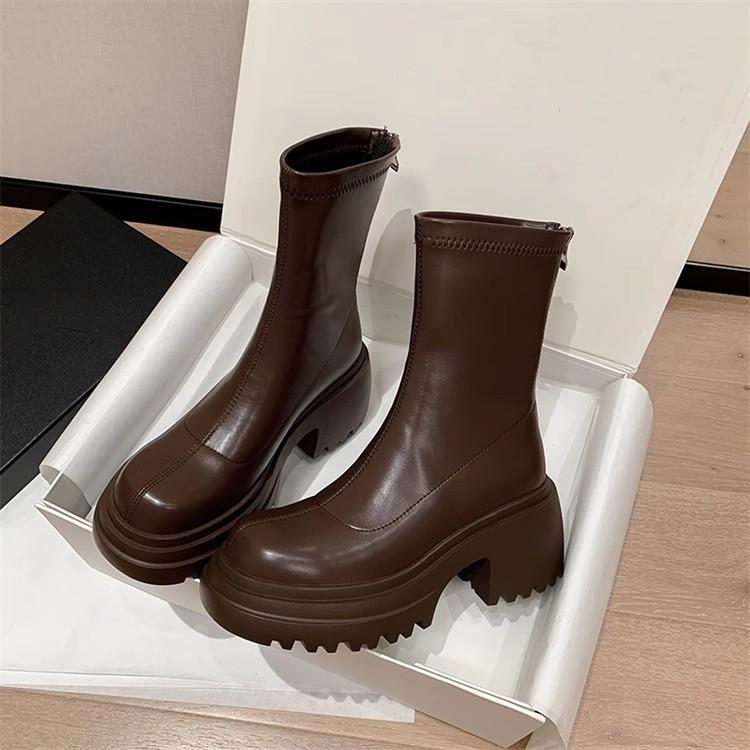 Thick Heel Platform Martin Boots Women's British Style New Autumn and Winter Elastic Small Brown Short Boots