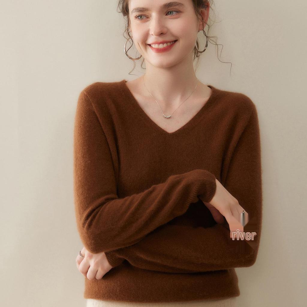 Women's V-neck Cashmere Knit Sweater - Versatile Autumn/Winter Warm Base Layer