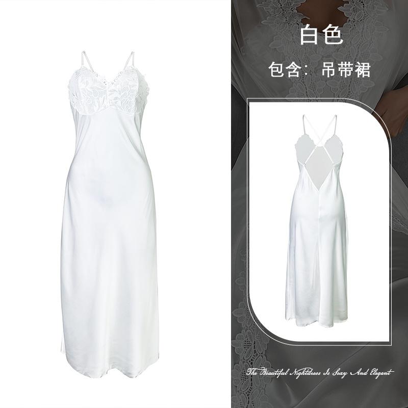 Damen sexy Spitzen-Nachthemd-Set Netz-Durchsicht langer Morgenmantel Trägerrock Loungewear 811