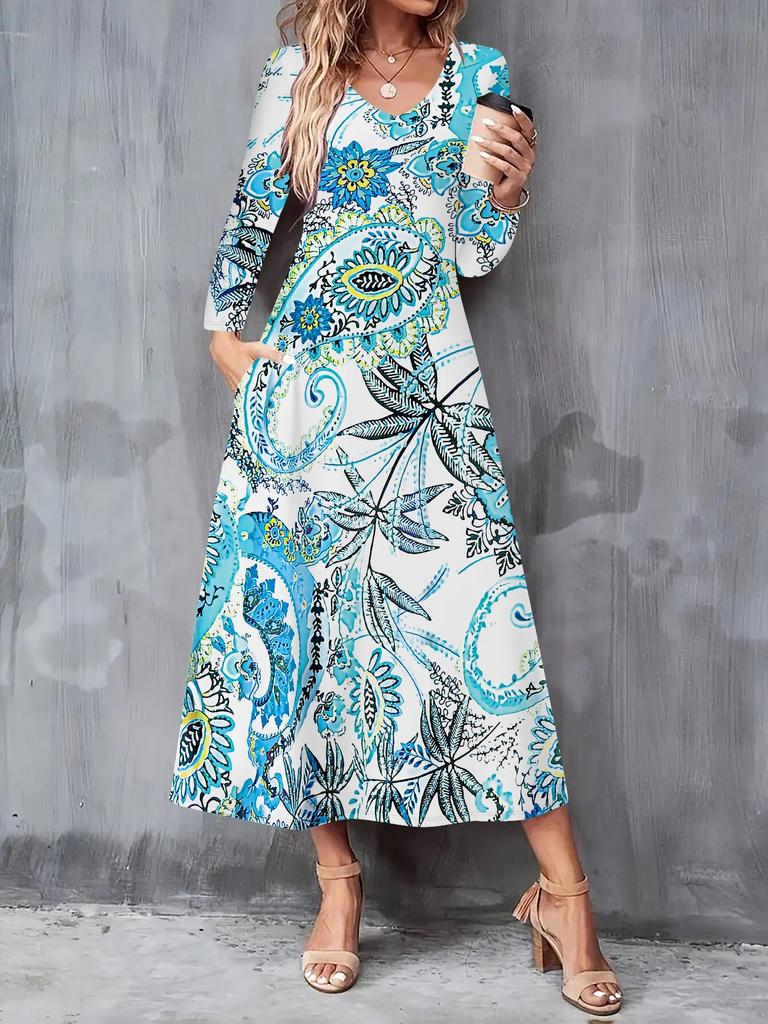 2025 Herbst und Winter Neues Damen Casual Modekleid 3D Retro Musterdruck Langarm V-Ausschnitt A-Linien-Kleider