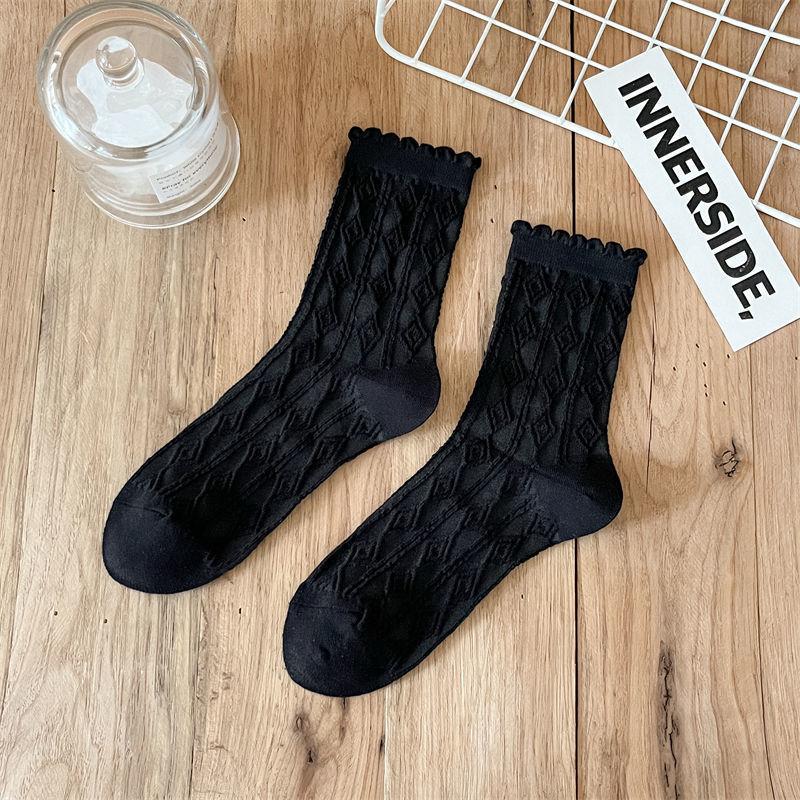 Female Summer Thin Pure Color Sweet Lace In The Tube Stack Socks