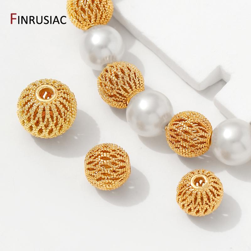 Cuentas Espaciadoras Redondas de Latón Chapado en Oro de 14K, Separadores de Cuentas de Bola Hueca de 8/10 mm para Accesorios de Fabricación de Pulseras y Collares DIY
