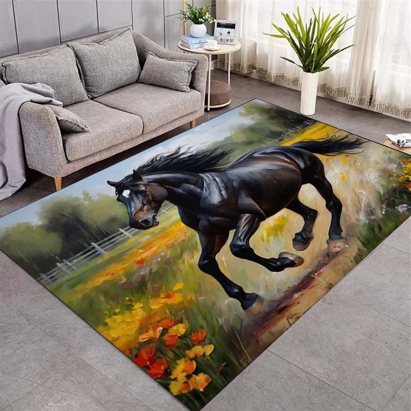 Horses Running In Water Area Rug, Group of Multi-color Horses Oil Painting Print Non Slip Floor Rug Home Decor