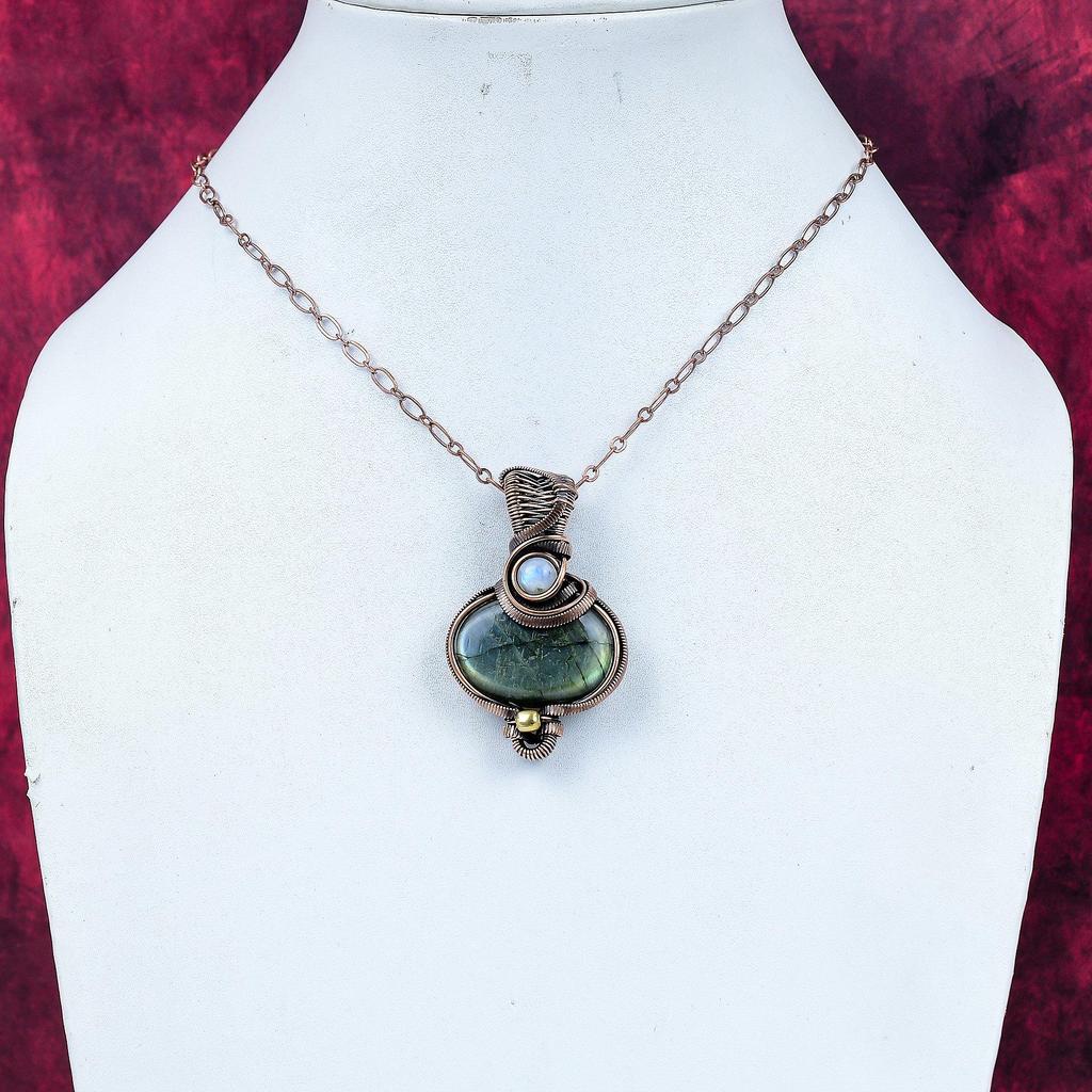 Labradorite Gemstone Pendant Rainbow Moonstone Copper Wire Wrapped Pendant