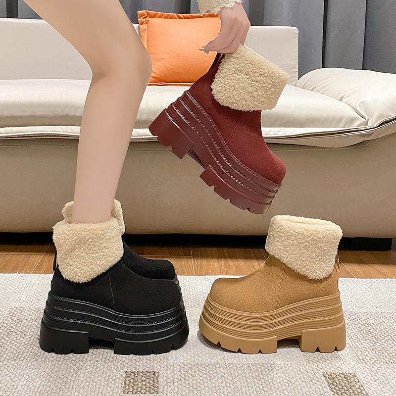 2025 Winter Women's Warm Snow Boots Outdoor Plush Ankle Shoes Anti-skid Chunky Leather Sneakers Short Fur Boot Botas Mujer 10CM