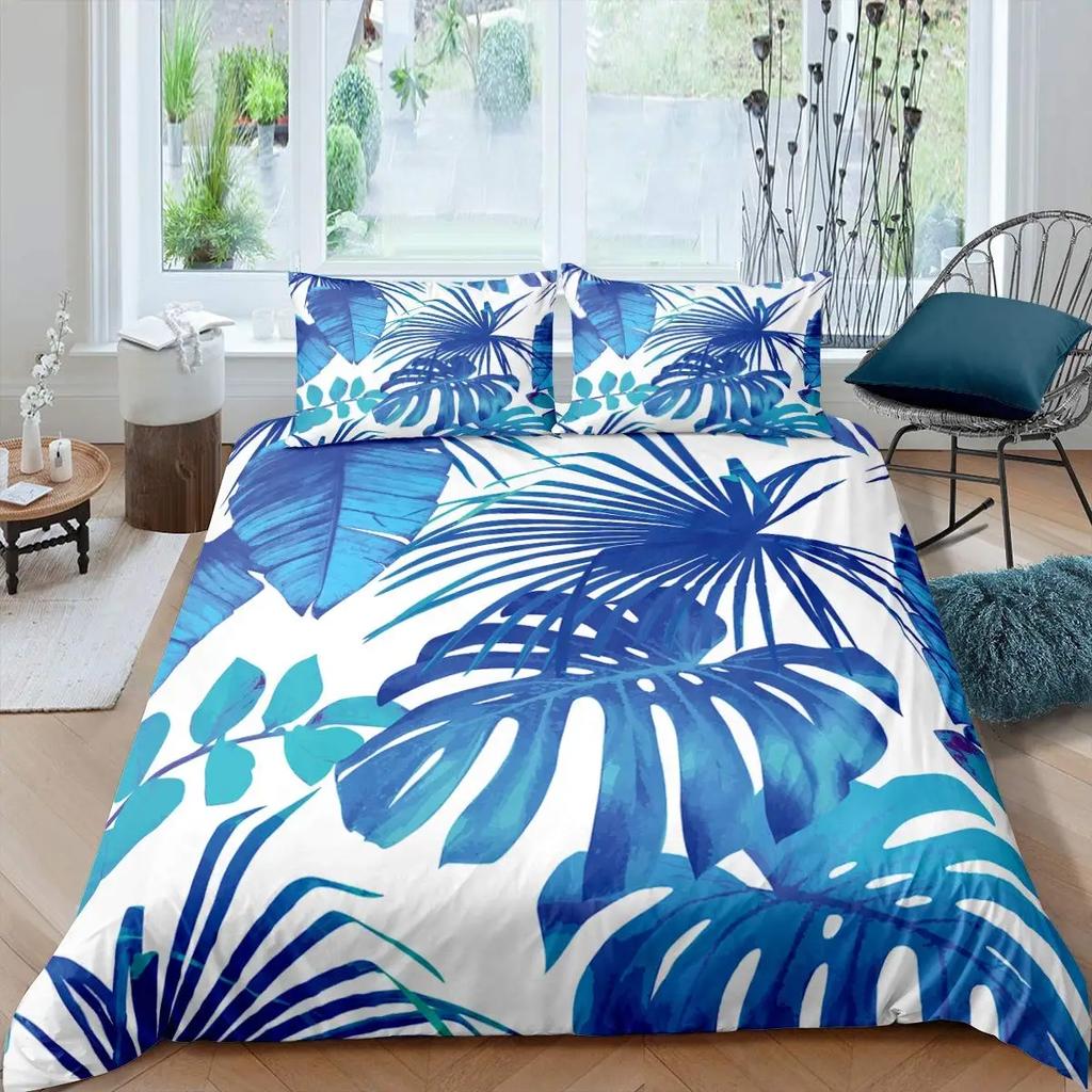 Palm Leaves Duvet Cover King Full Banana Leaves Bedding Set Hawaiian Tropical Leaves Green Branches 2/3Pcs Polyester Quilt Cover