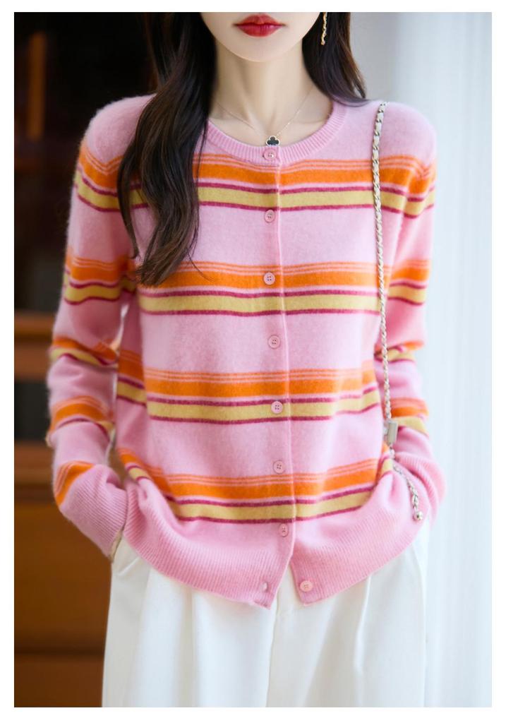 100% Wool Stripe Knit Cardigan - Autumn Academy Style Long Sleeve Sweater.