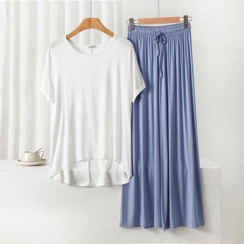 Damen Übergröße Freizeit-Pyjama-Set: Modal Rundhals Kurzarm Oberteil & Weitbeinige Hose